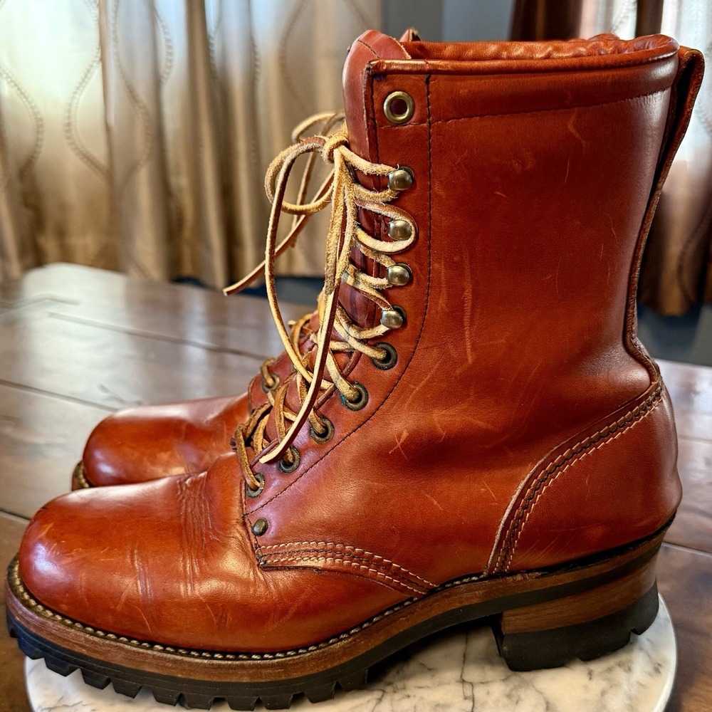 VTG Red Wing Red Brown Leather Logger Boots USA Men Sz 8.5/9 EU 42 Insulated NEW